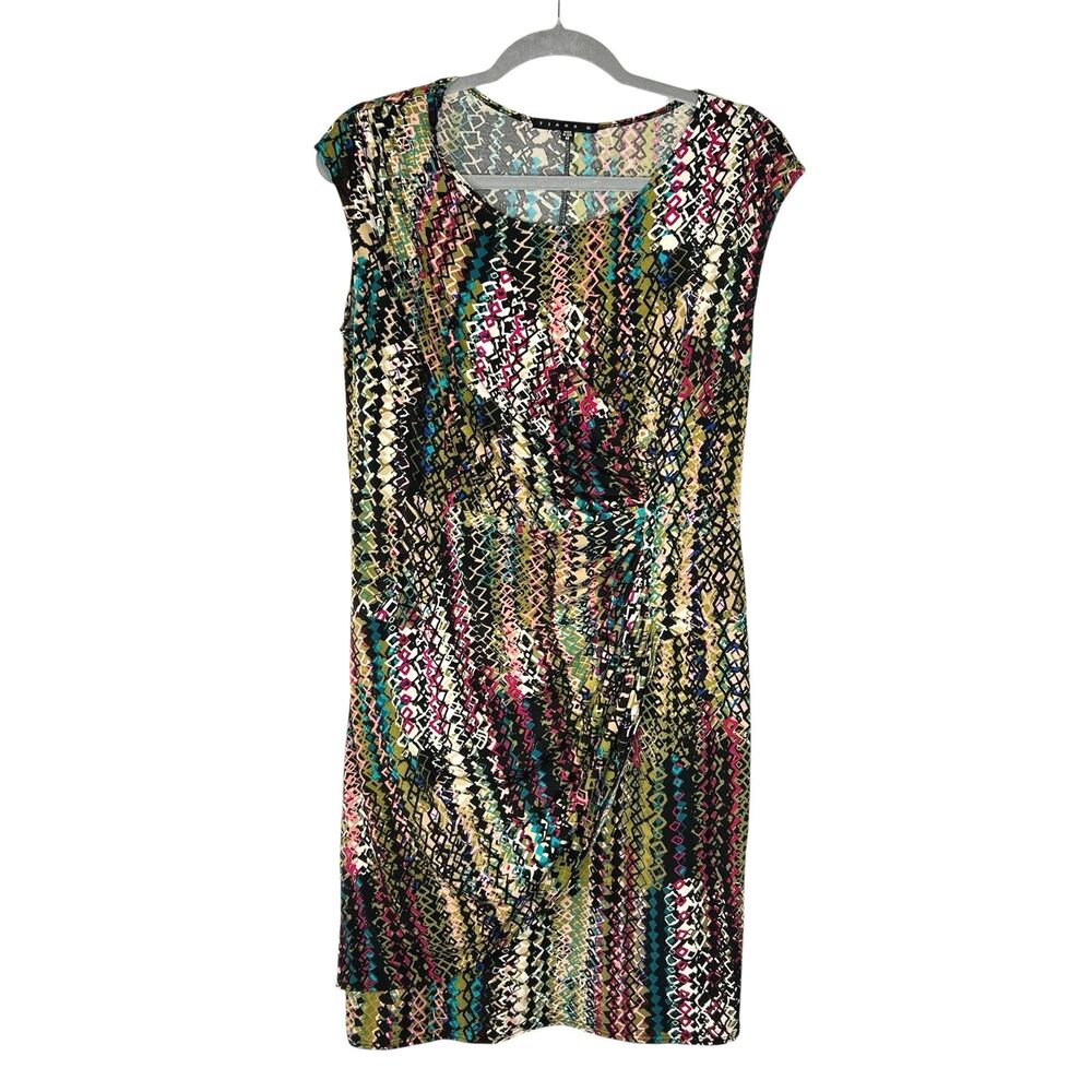 Tiana B  Ruched Front Faux Wrap Jersey Dress USA Made Size Medium Abstract
